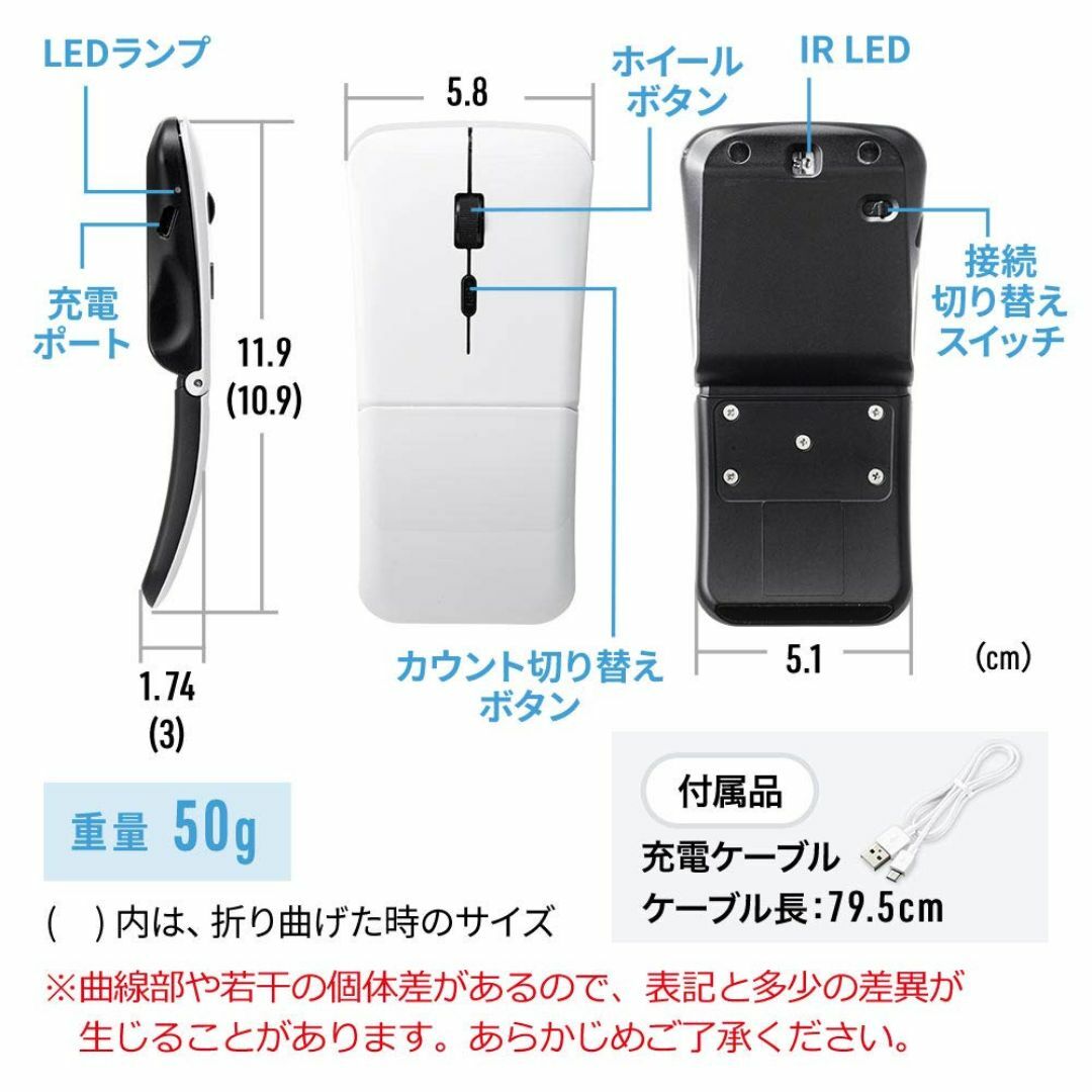 【色: ホワイト】イーサプライ ワイヤレスマウス Bluetooth 無線 US スマホ/家電/カメラのPC/タブレット(PC周辺機器)の商品写真