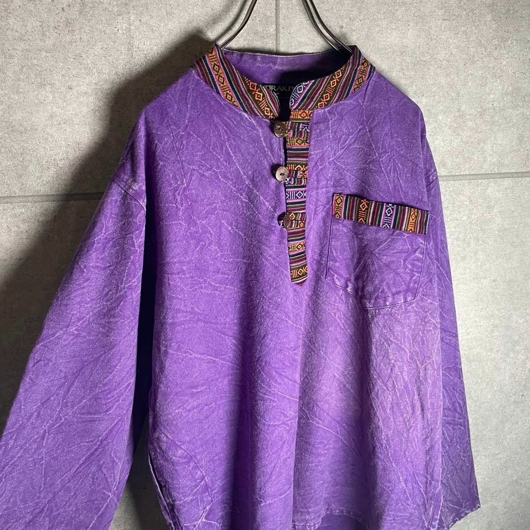 VINTAGE(ヴィンテージ)の[古着]ビンテージ　長袖　チャイナシャツ　ハーフボタン　民族柄　90s　紫 メンズのトップス(シャツ)の商品写真