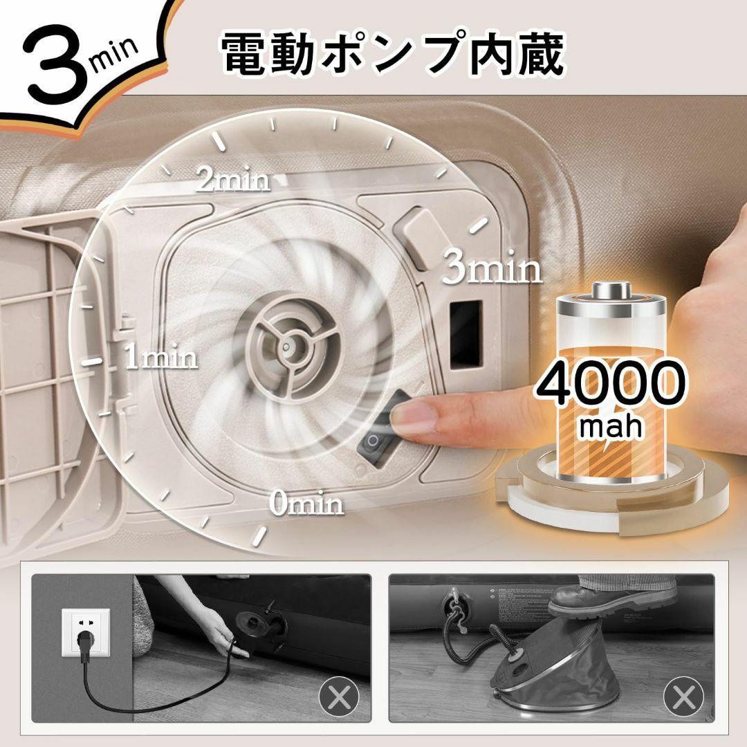 Kotesoto エアーベッド 電動 シングルサイズ 191cm×99cm×40 スポーツ/アウトドアのアウトドア(寝袋/寝具)の商品写真