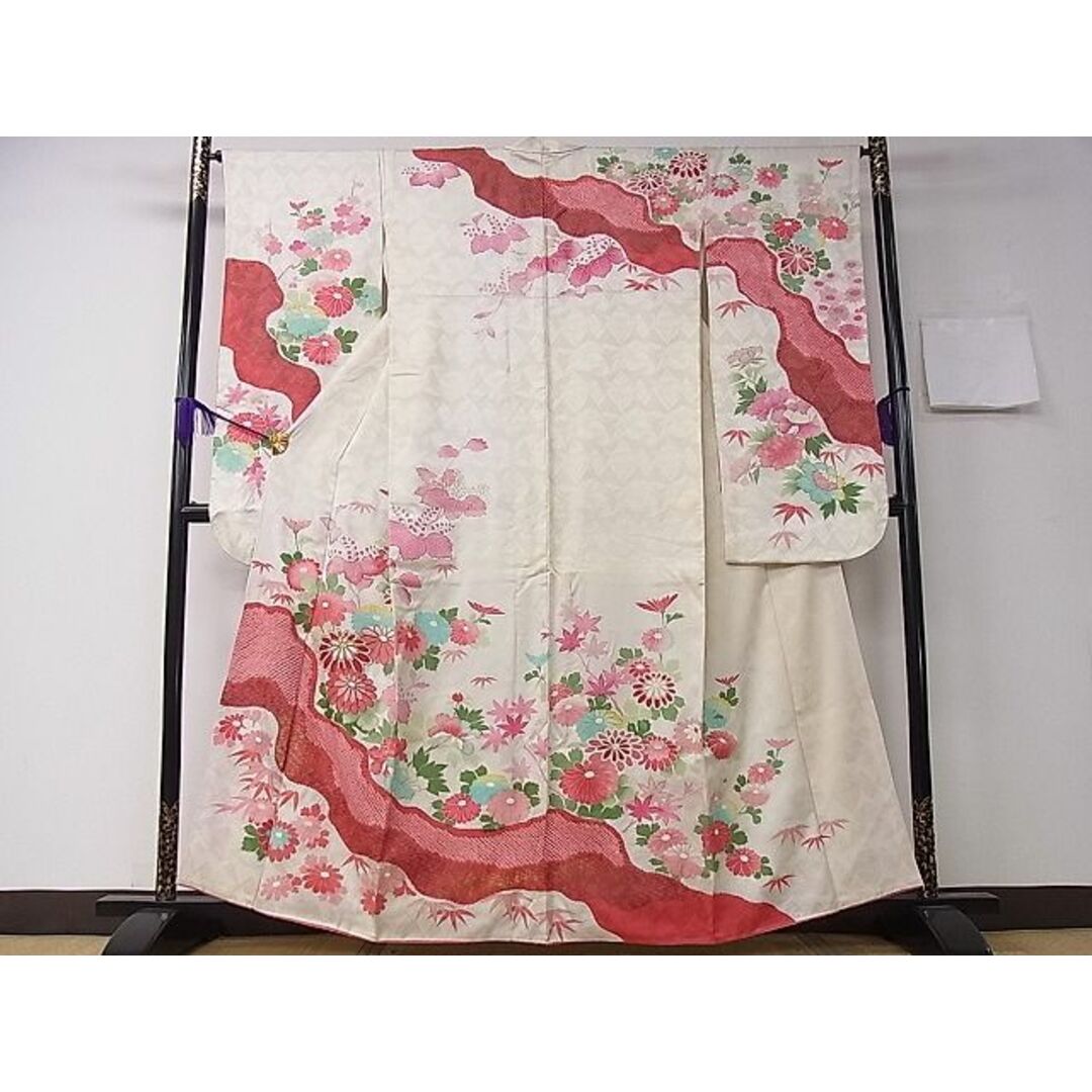 平和屋1■豪華振袖　駒刺繍　絞り　流水草花文　金彩　逸品　CAAC2009an レディースの水着/浴衣(振袖)の商品写真