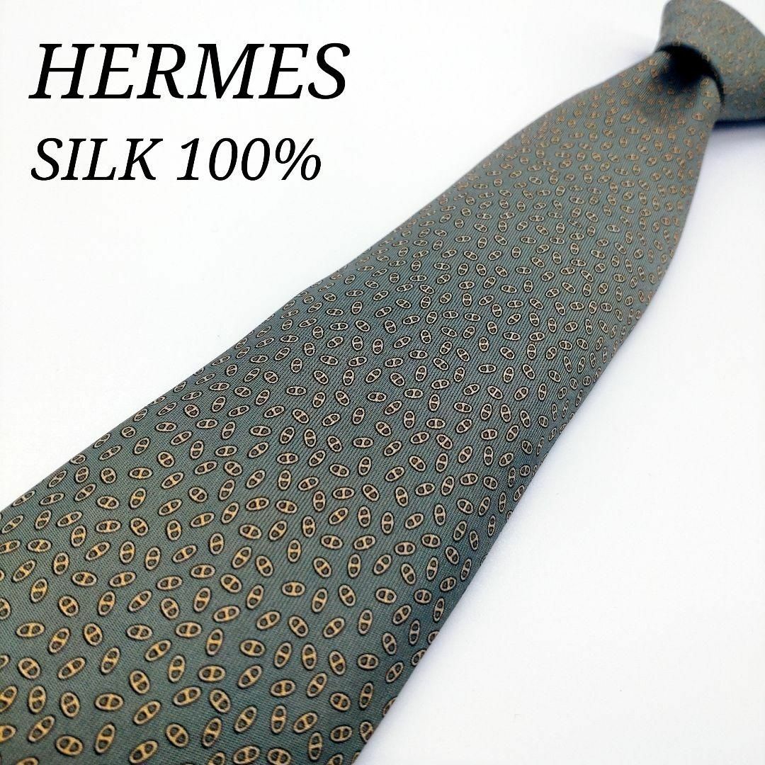 Hermes(エルメス)の【ハイブランド】エルメス ネクタイ 絹/シルク100% フランス製 総柄 緑色 メンズのファッション小物(ネクタイ)の商品写真