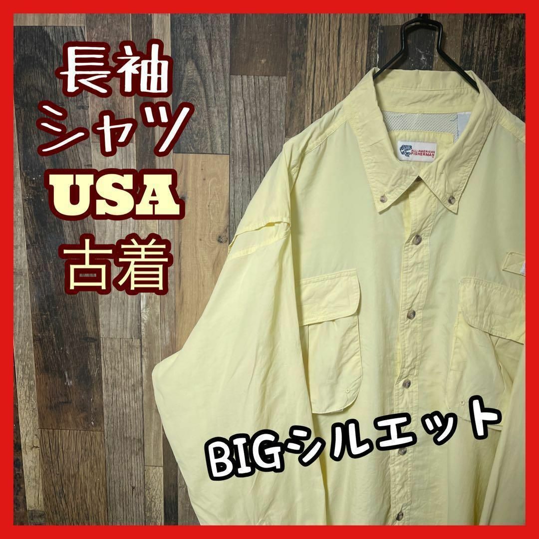 イエロー フィッシング メンズ ボタンダウン XL シャツ 古着 90s 長袖 メンズのトップス(シャツ)の商品写真