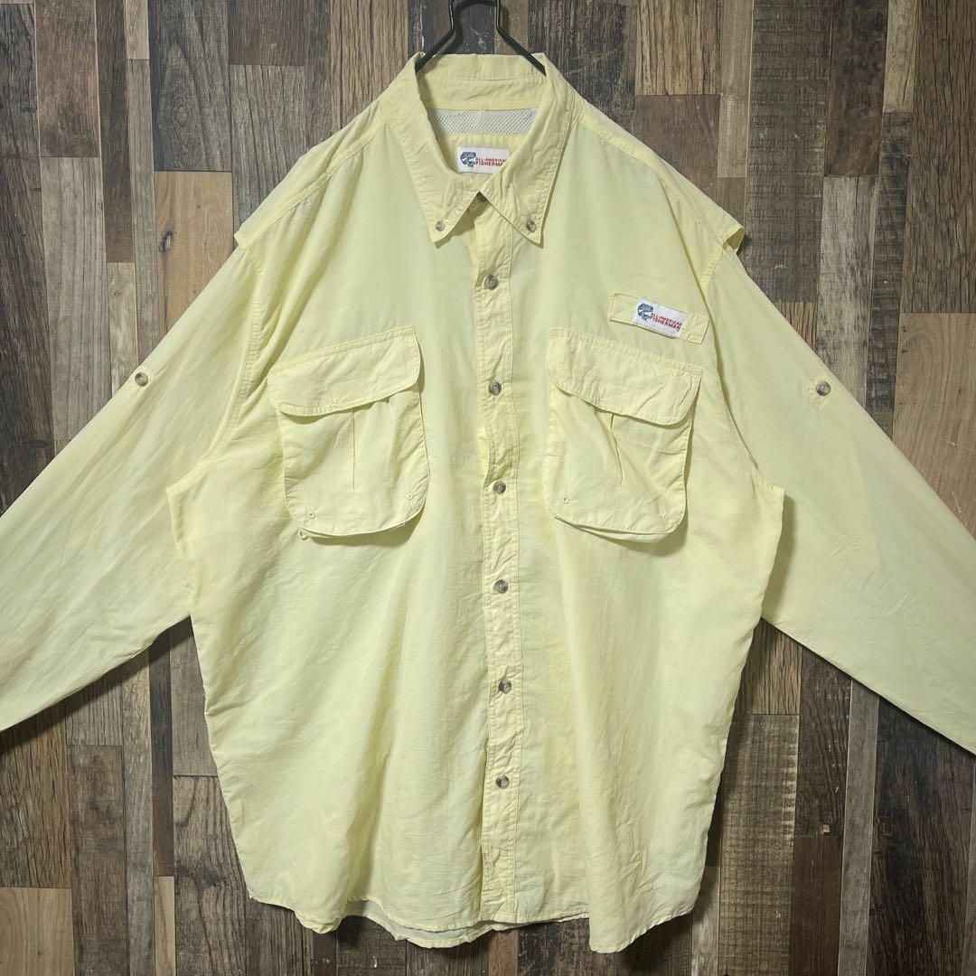 イエロー フィッシング メンズ ボタンダウン XL シャツ 古着 90s 長袖 メンズのトップス(シャツ)の商品写真