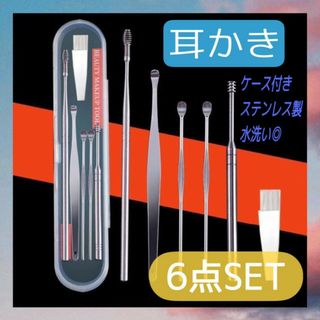 耳かき　6点セット　ケース付き　ステンレス製　耳掃除　スパイラル型　携帯用　耳掻(日用品/生活雑貨)