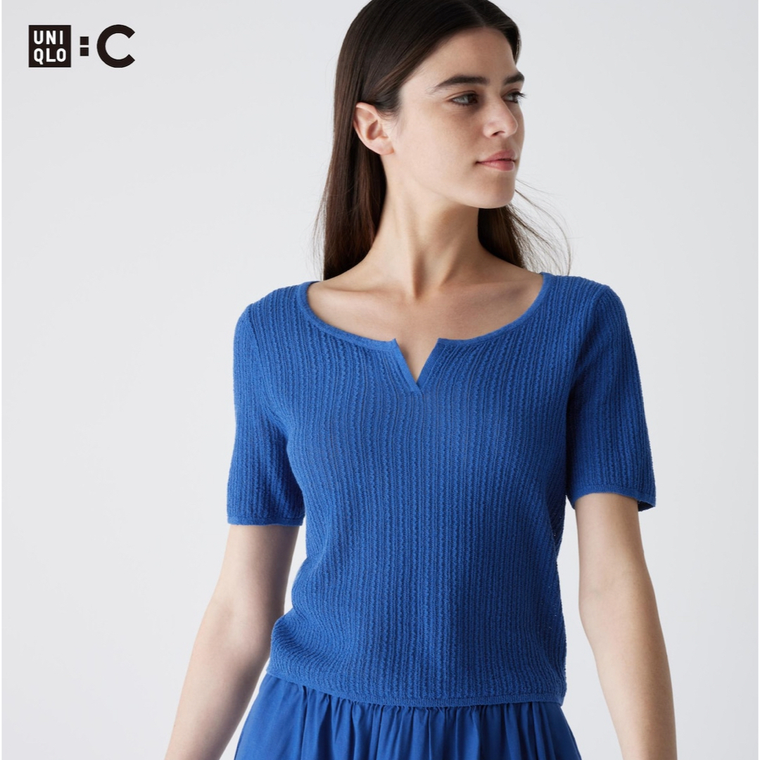 UNIQLO(ユニクロ)のユニクロ　レースキーネックショートセーター(半袖) Mサイズ　ブルー　未使用品 レディースのトップス(ニット/セーター)の商品写真