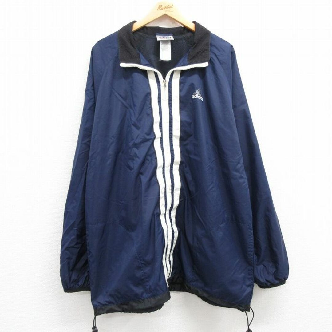 adidas(アディダス)のXL★古着 アディダス adidas 長袖 ナイロン ジャケット メンズ 90年代 90s ワンポイントロゴ 大きいサイズ ロング丈 ラグラン 紺 ネイビー 3本ライン 内側メッシュ 24may10 中古 アウター ウインドブレーカー メンズのジャケット/アウター(ダッフルコート)の商品写真