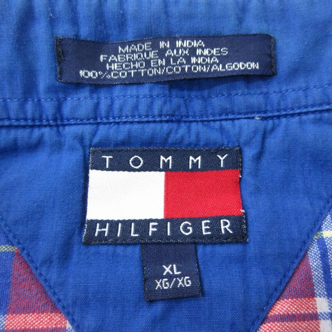 TOMMY HILFIGER(トミーヒルフィガー)のXL★古着 トミーヒルフィガー TOMMY HILFIGER 半袖 ブランド シャツ メンズ 90年代 90s ワンポイントロゴ 大きいサイズ コットン ボタンダウン 青他 ブルー チェック 24may10 中古 トップス メンズのトップス(シャツ)の商品写真