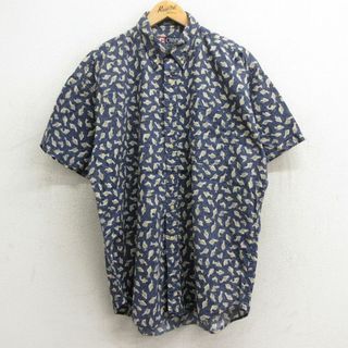 ラルフローレン(Ralph Lauren)のXL★古着 ラルフローレン Ralph Lauren チャップス 半袖 ブランド シャツ メンズ 90年代 90s 魚 総柄 コットン ボタンダウン 紺他 ネイビー 【spe】 24may10 中古 トップス(シャツ)