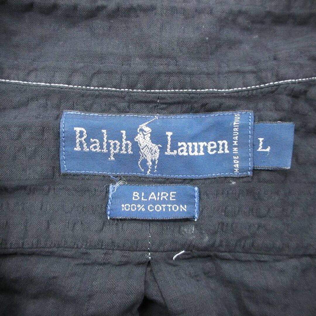 Ralph Lauren(ラルフローレン)のXL★古着 ラルフローレン Ralph Lauren 半袖 ブランド シャツ メンズ 90年代 90s ワンポイントロゴ BLAIRE シアサッカー 大きいサイズ コットン ボタンダウン 黒 ブラック 24may10 中古 トップス メンズのトップス(シャツ)の商品写真