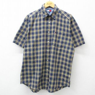 トミーヒルフィガー(TOMMY HILFIGER)のXL★古着 トミーヒルフィガー TOMMY HILFIGER 半袖 ブランド シャツ メンズ 90年代 90s ワンポイントロゴ コットン 紺他 ネイビー チェック 24may10 中古 トップス(シャツ)