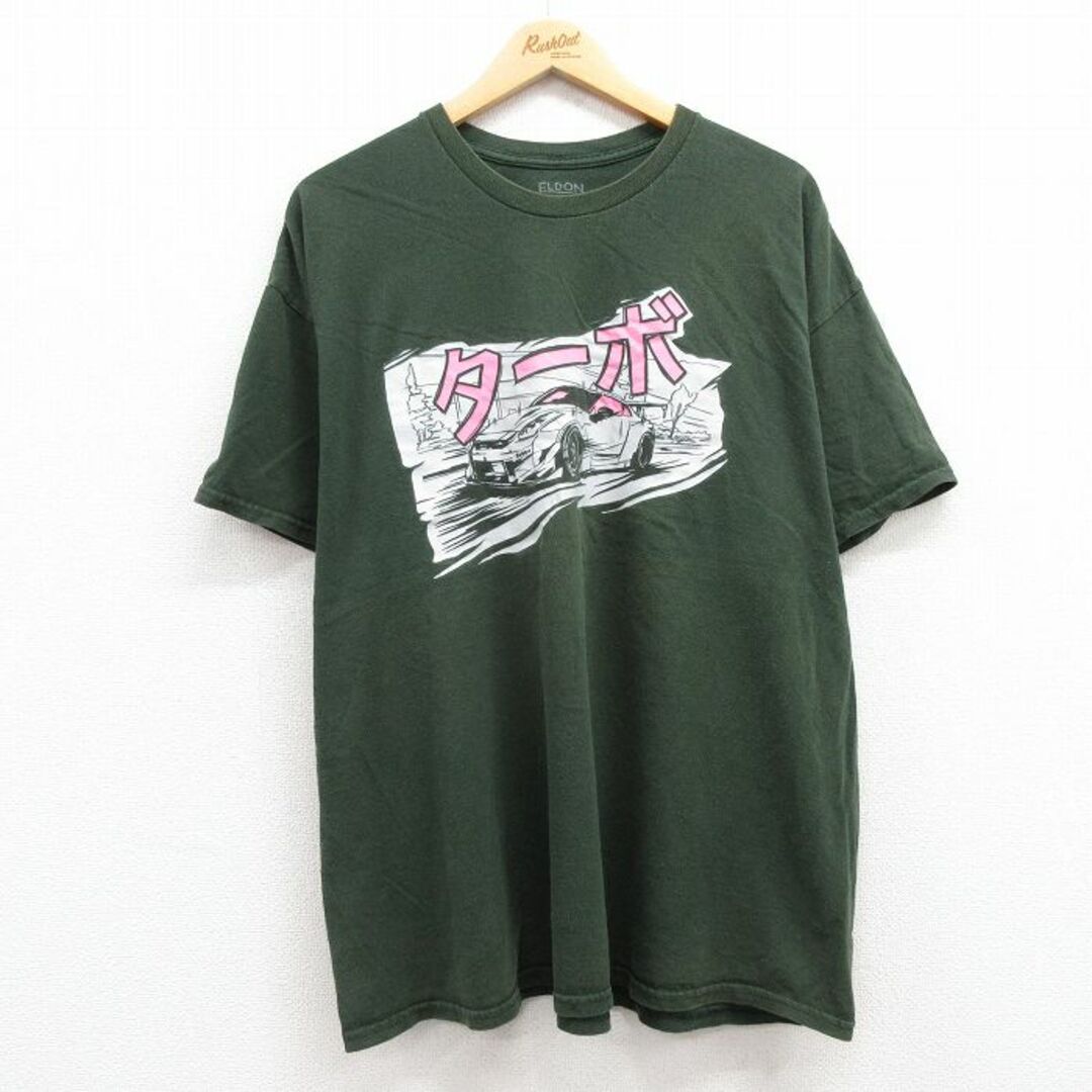 XL★古着 半袖 Tシャツ メンズ 車 ターボ 大きいサイズ コットン クルーネック 緑 グリーン 24may10 中古 メンズのトップス(Tシャツ/カットソー(半袖/袖なし))の商品写真