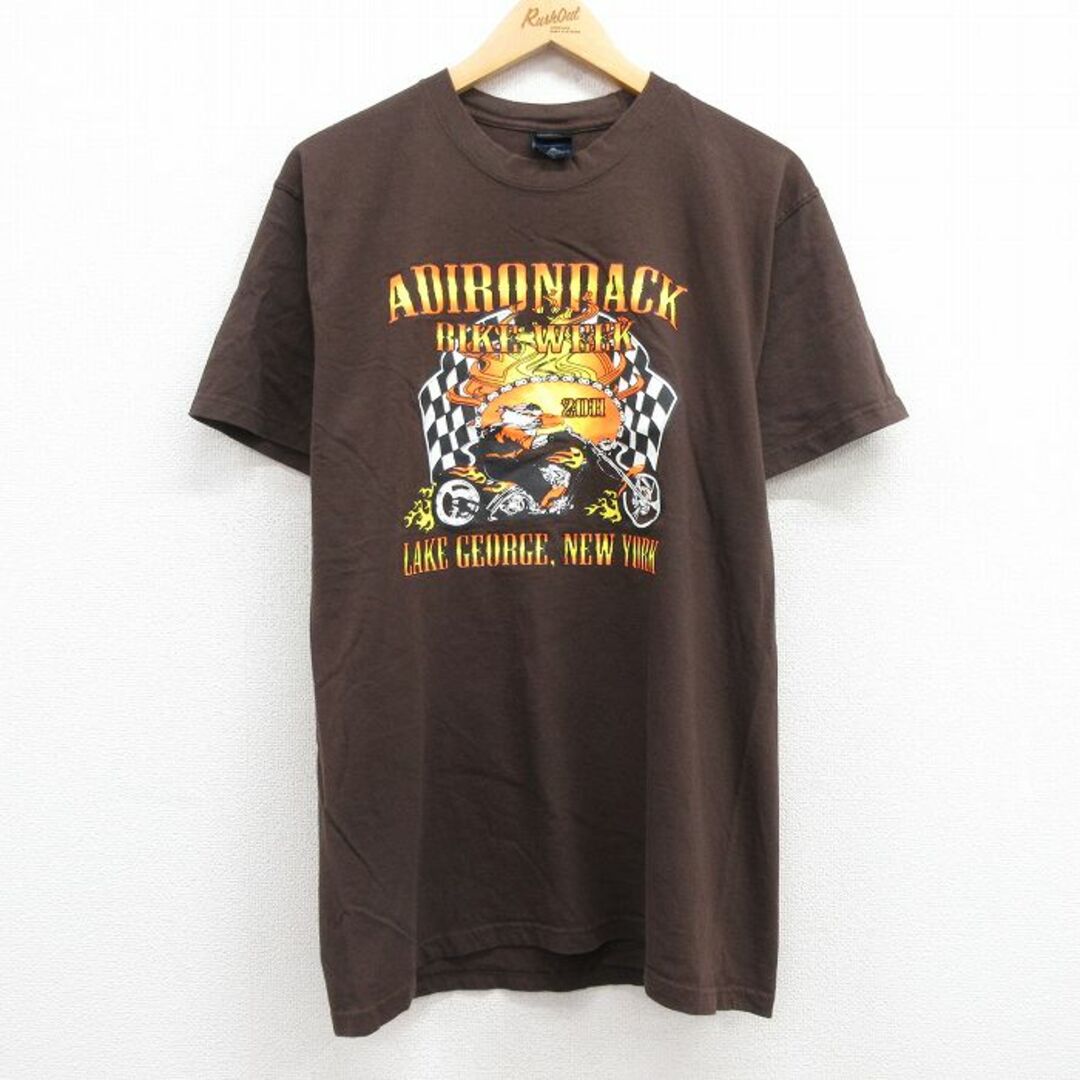 L★古着 半袖 Tシャツ メンズ バイクウィーク アディロンダック コットン クルーネック こげ茶 ブラウン 24may10 中古 メンズのトップス(Tシャツ/カットソー(半袖/袖なし))の商品写真