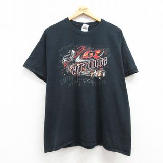 XL★古着 半袖 ビンテージ Tシャツ メンズ 00年代 00s レーシングカー 大きいサイズ コットン クルーネック 黒 ブラック 24may10 中古(Tシャツ/カットソー(半袖/袖なし))