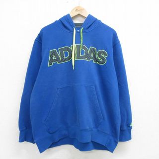 アディダス(adidas)のXL★古着 アディダス adidas 長袖 スウェット パーカー メンズ ビッグロゴ 刺繍 大きいサイズ 青 ブルー フード内側メッシュ 24may10 中古 スエット トレーナー トップス(パーカー)