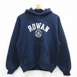 M★古着 長袖 スウェット パーカー メンズ 90年代 90s ローワン カレッジ USA製 紺 ネイビー 24may10 中古 スエット トレーナー トップス(パーカー)