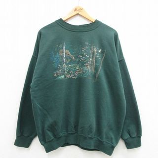 XL★古着 長袖 スウェット メンズ 00年代 00s シカ 木 大きいサイズ クルーネック 緑 グリーン 24may10 中古 スエット トレーナー トップス(パーカー)