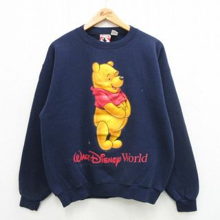 Disney - L★古着 長袖 スウェット メンズ 90年代 90s ディズニー DISNEY くまのプーさん クルーネック USA製 紺 ネイビー 24may10 中古 スエット トレーナー トップス