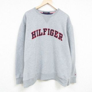 XL★古着 トミーヒルフィガー TOMMY HILFIGER 長袖 ブランド スウェット メンズ ビッグロゴ 大きいサイズ クルーネック グレー 霜降り 24may10 中古 スエット トレーナー トップス