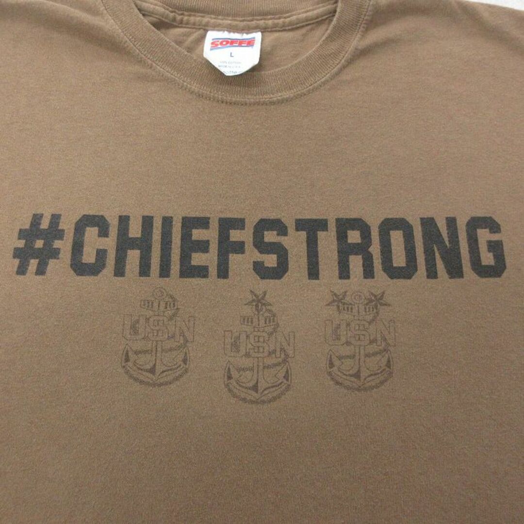 L★古着 半袖 ビンテージ Tシャツ メンズ 90年代 90s ミリタリー USN CHIEFSTRONG コットン クルーネック USA製 茶 ブラウン 24may10 中古 メンズのトップス(Tシャツ/カットソー(半袖/袖なし))の商品写真