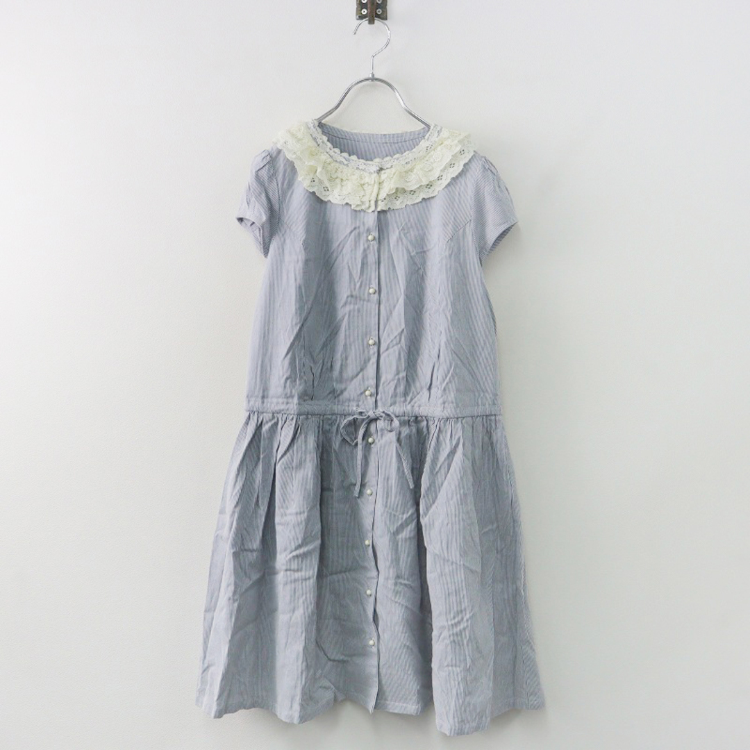 franche lippee(フランシュリッペ)のフランシュリッペ franche lippee レース襟 ストライプ切替ワンピース M/ネイビー ドロスト パフスリーブ 前開き フレア【2400013862387】 レディースのワンピース(その他)の商品写真