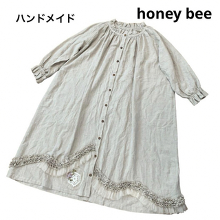 honey bee ワンピース　刺繍　レース　麻　ベージュ　ハンドメイド