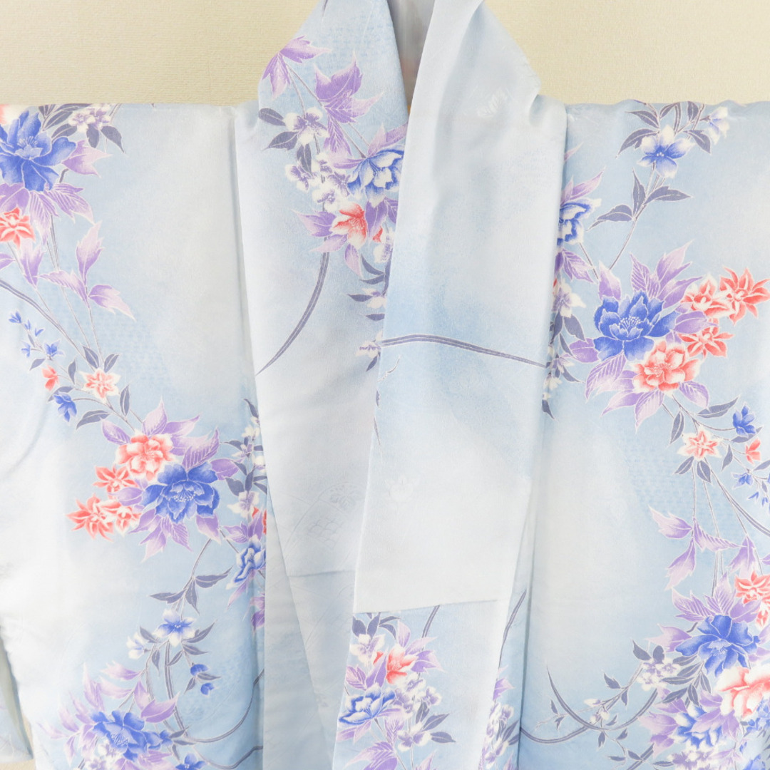 小紋 牡丹に花文様 薄青色 袷 広衿 洗える着物 仕立て上がり ポリエステル着物 身丈160cm レディースの水着/浴衣(着物)の商品写真