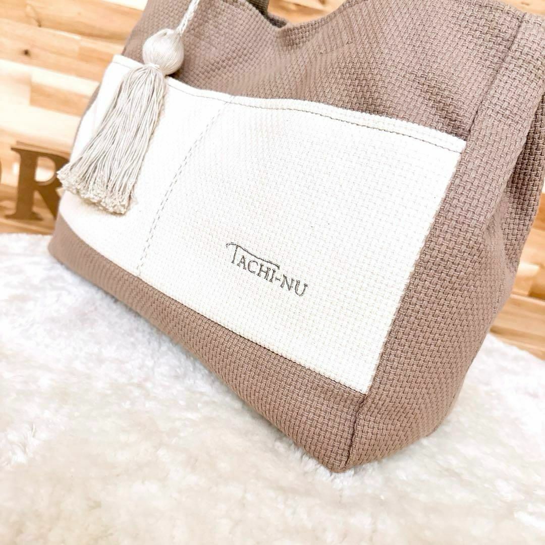 【タチヌ】TACHI-NU タッセル トートバッグ 綿 グレージュ×アイボリー レディースのバッグ(トートバッグ)の商品写真