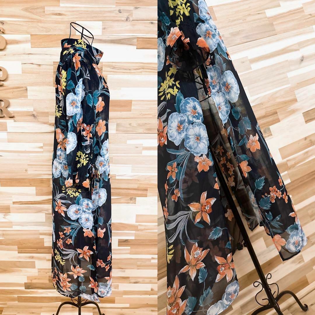 ZARA(ザラ)の【ザラ】透け感 シアー ボタニカル フラワー ワンピース 花柄 シフォン M 紺 レディースのワンピース(ひざ丈ワンピース)の商品写真