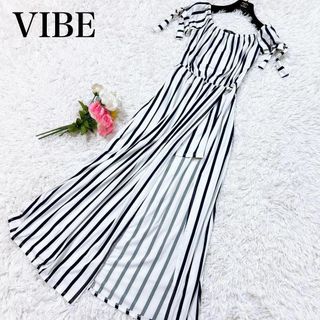 ■VIBE スリット ロングワンピース ストライプ 白×紺(その他)