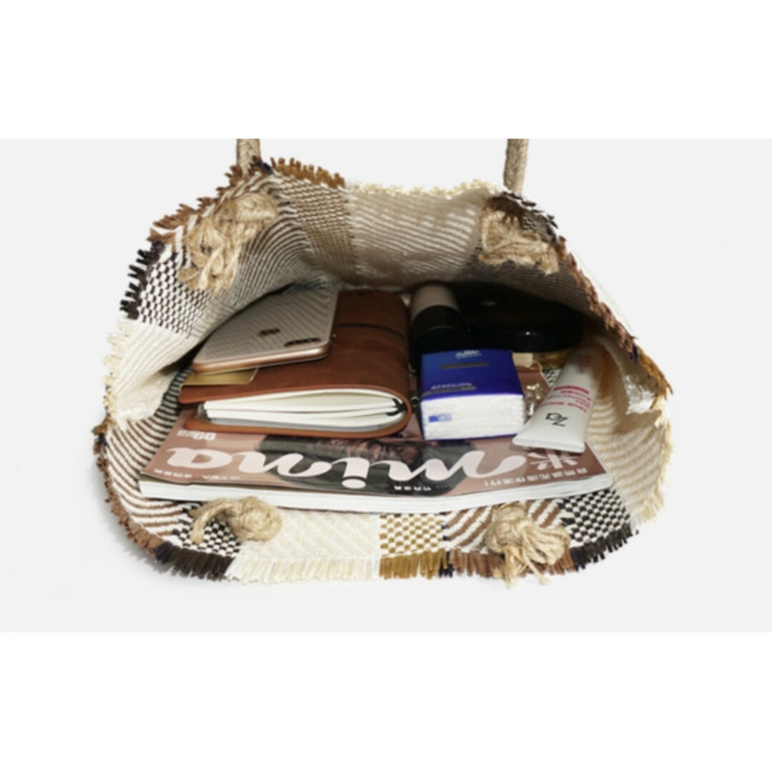 春物 夏物 麻縄 ストライプ トート バッグ ショルダーバッグ かごバッグ 韓国 レディースのバッグ(トートバッグ)の商品写真