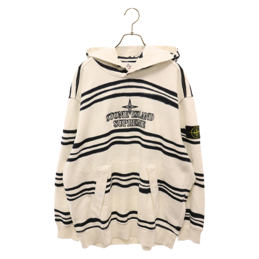 Supreme(シュプリーム)のSUPREME シュプリーム 20AW×STONE ISLAND Warp Stripe Hooded Sweatshirt ストーンアイランド ロゴ刺繍 ストライププルオーバーパーカー フーディー ホワイト/ネイビー メンズのトップス(パーカー)の商品写真