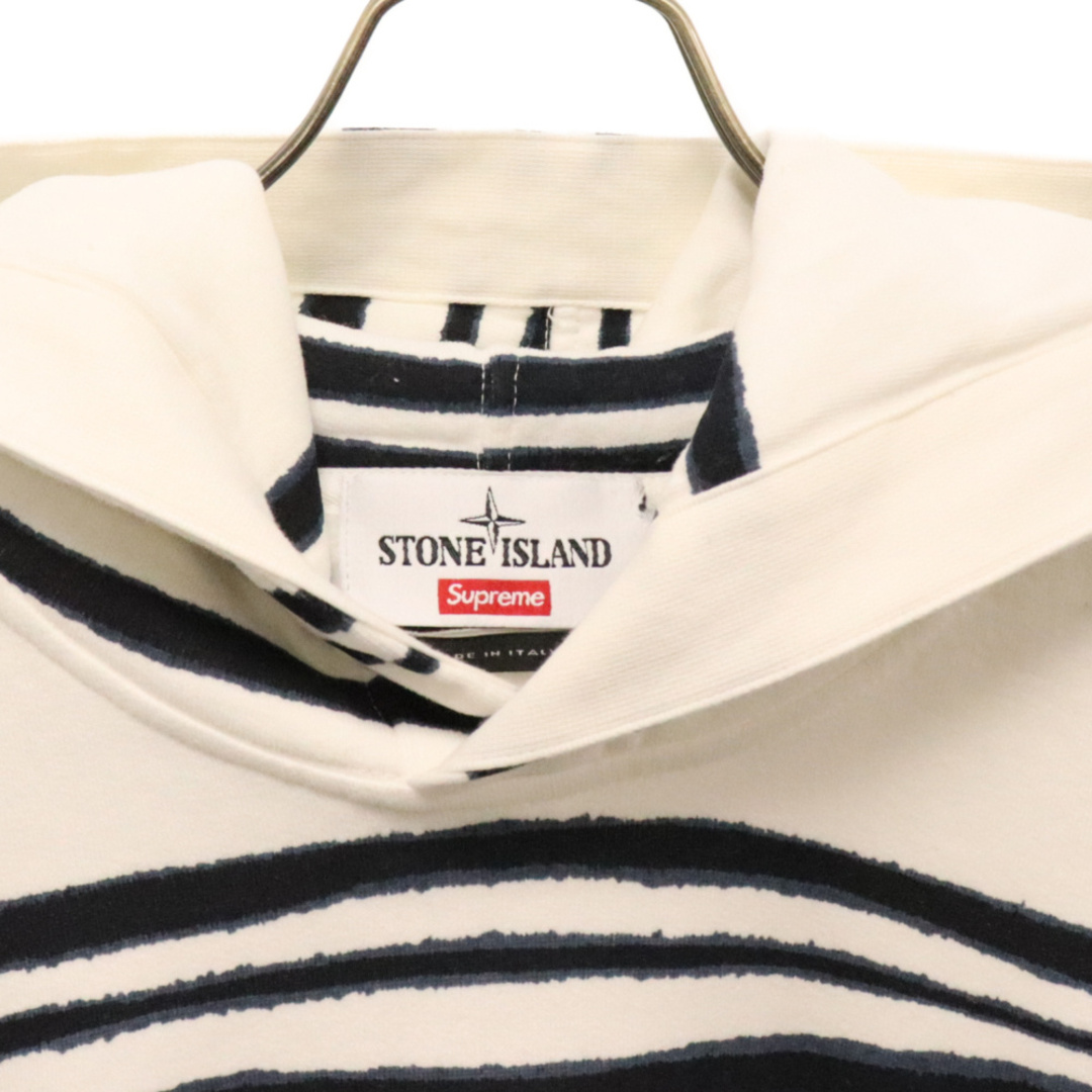 Supreme(シュプリーム)のSUPREME シュプリーム 20AW×STONE ISLAND Warp Stripe Hooded Sweatshirt ストーンアイランド ロゴ刺繍 ストライププルオーバーパーカー フーディー ホワイト/ネイビー メンズのトップス(パーカー)の商品写真