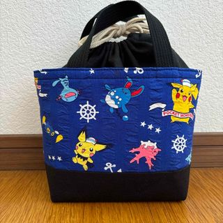 ハンドメイド お弁当袋 保冷保温 ランチトートバック【28】ブルー×ブラック(ランチボックス巾着)