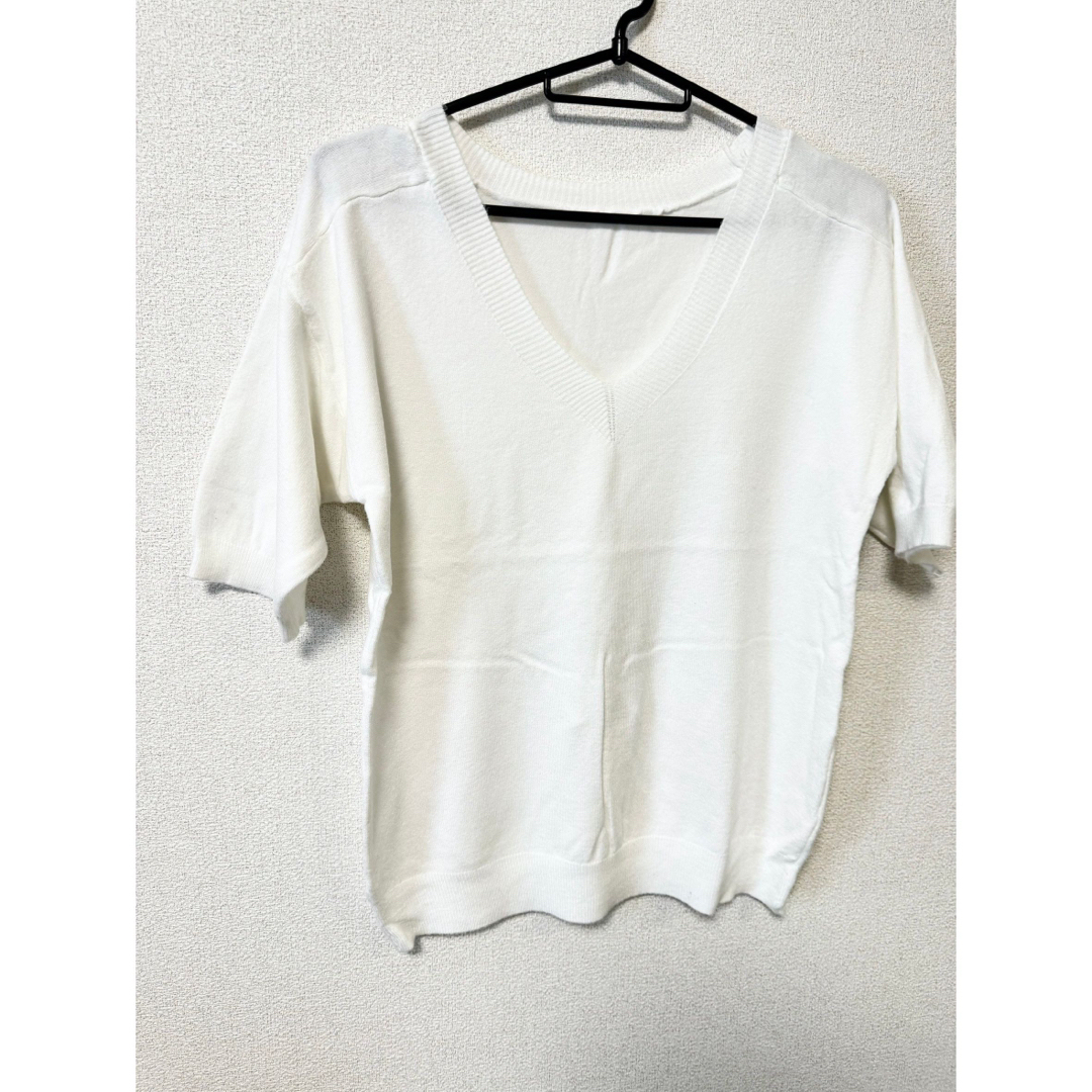 サマーニット　Tシャツ　セーター　ブラウス　五分袖　Vネック　無地　ホワイト メンズのトップス(Tシャツ/カットソー(半袖/袖なし))の商品写真