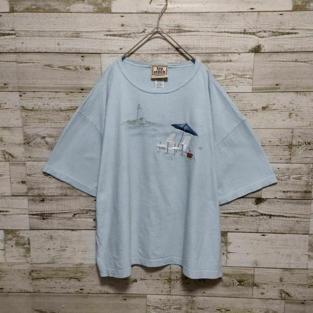 【582】00s USA製ヴィンテージショート丈半袖Tシャツ海岸線プリント＆刺繍 メンズのトップス(Tシャツ/カットソー(半袖/袖なし))の商品写真