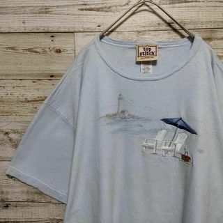 【582】00s USA製ヴィンテージショート丈半袖Tシャツ海岸線プリント＆刺繍(Tシャツ/カットソー(半袖/袖なし))