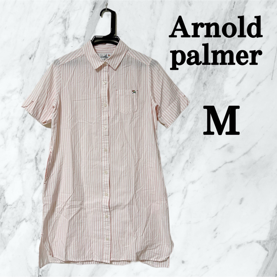 Arnold Palmer(アーノルドパーマー)の【美品】アーノルドパーマー　ワンポイント　ストライプ　シャツワンピース　ピンク レディースのワンピース(ひざ丈ワンピース)の商品写真