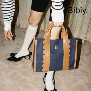 Bibiy.キャンバス牛革持ち手トートバッグ ネイビー(トートバッグ)