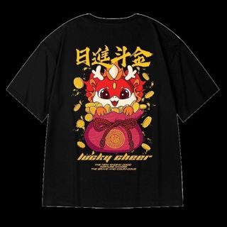 【大人気】メンズ トップス　黒　夏 2XL 3XL日進斗金　お金　シカ　赤(Tシャツ/カットソー(半袖/袖なし))