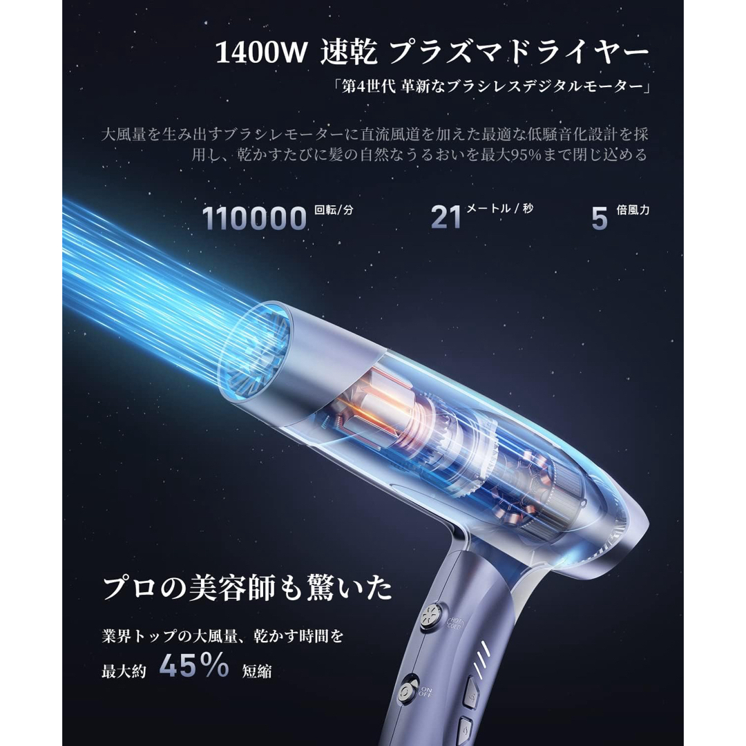 llano ドライヤー エルラノ　ヘアドライヤー　星空グレー　ホルダーセット スマホ/家電/カメラの美容/健康(ドライヤー)の商品写真