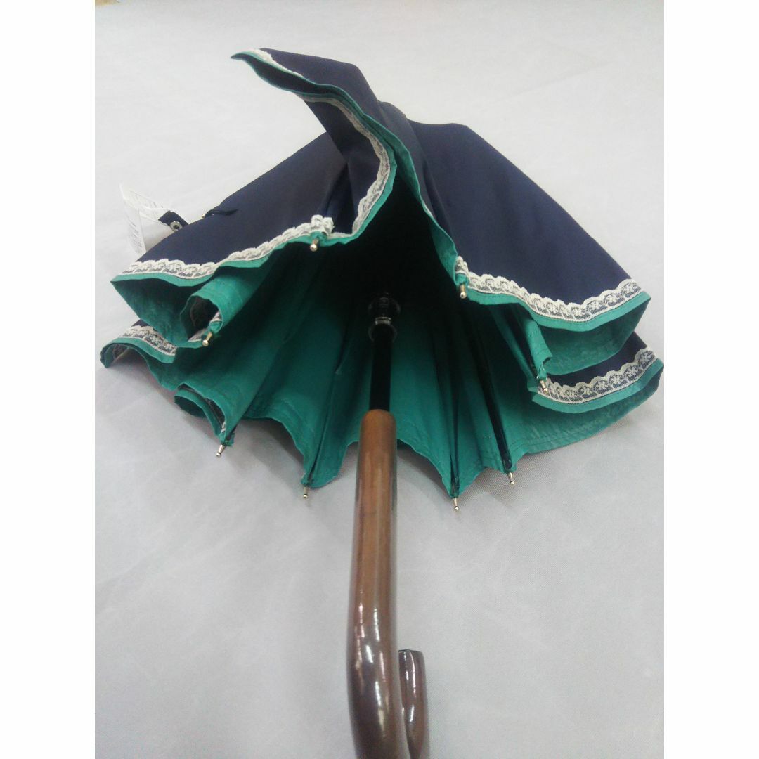 晴雨兼用　日傘　長傘（手開き）　遮光遮熱レース　紺×裏グリーン　新品　 レディースのファッション小物(傘)の商品写真