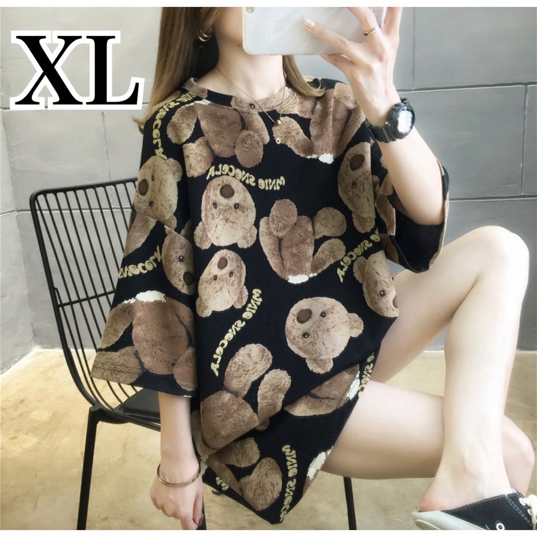 オーバーサイズTシャツ　XL くま　黒x茶　韓国　リラックス レディースのトップス(Tシャツ(半袖/袖なし))の商品写真