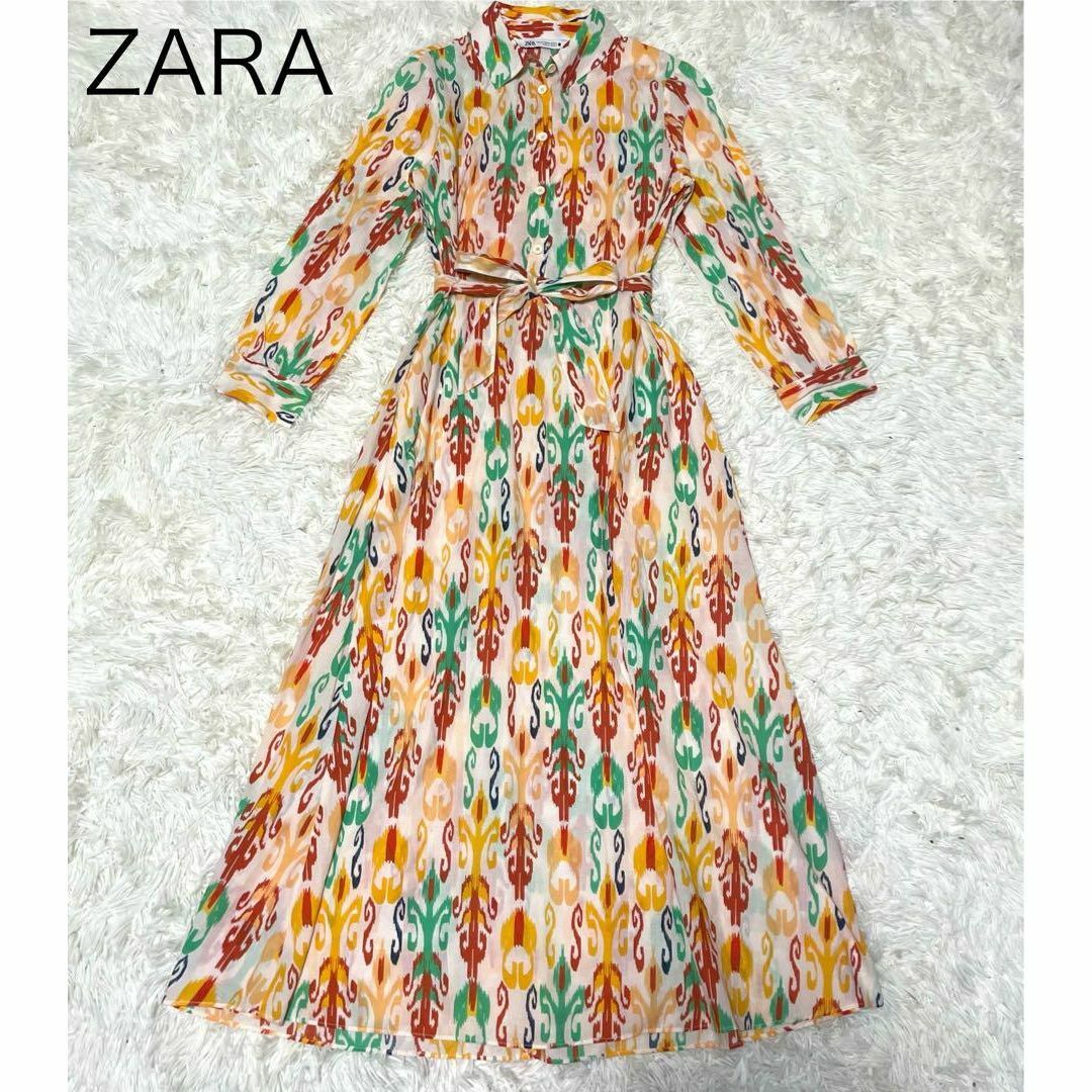 ZARA(ザラ)の【ZARA】長袖 シャツワンピース マキシ丈ワンピース 総柄 綿100% 洗える レディースのワンピース(ロングワンピース/マキシワンピース)の商品写真