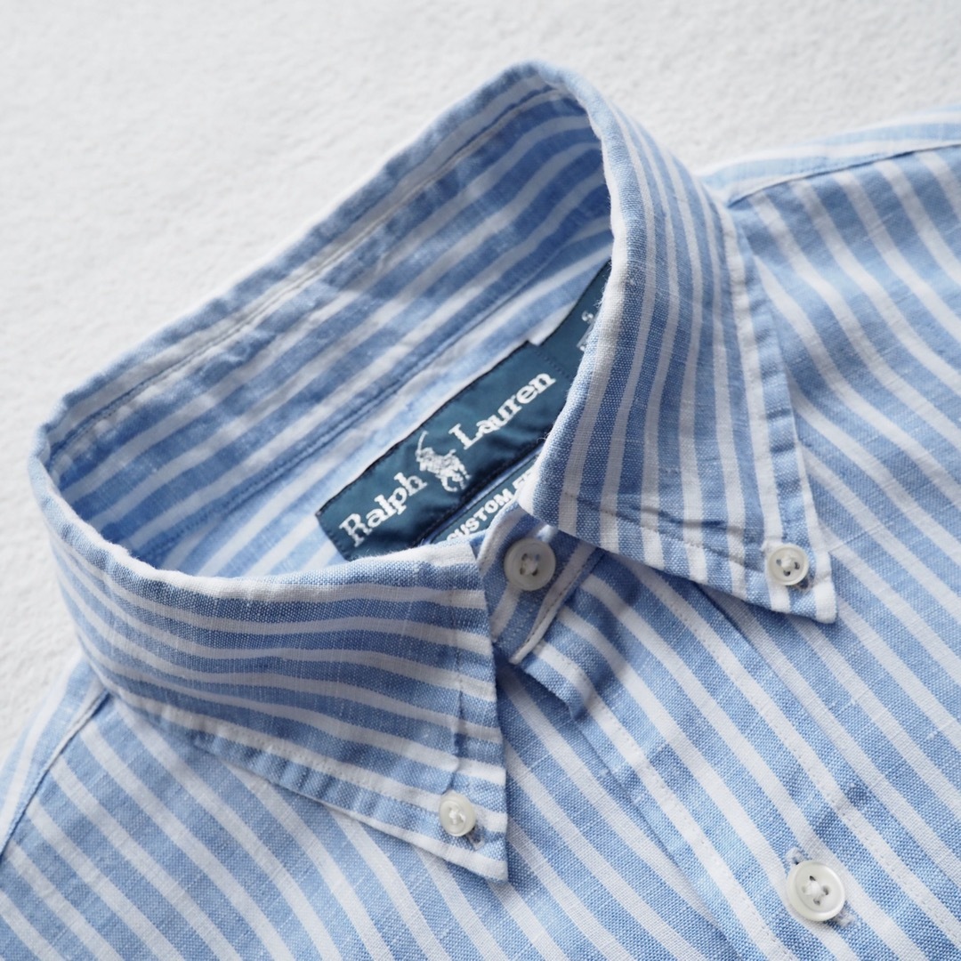 Ralph Lauren(ラルフローレン)のRALPH LAUREN ポニー刺繍 リネン ストライプシャツ 長袖 ブルー系 レディースのトップス(シャツ/ブラウス(長袖/七分))の商品写真