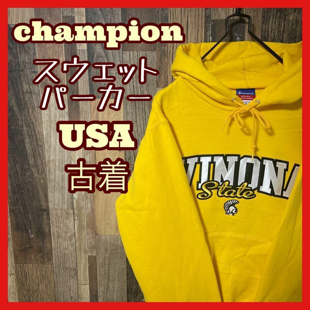 Champion(チャンピオン)のチャンピオン パーカー メンズ S イエロー カレッジロゴ 古着 スウェット メンズのトップス(パーカー)の商品写真