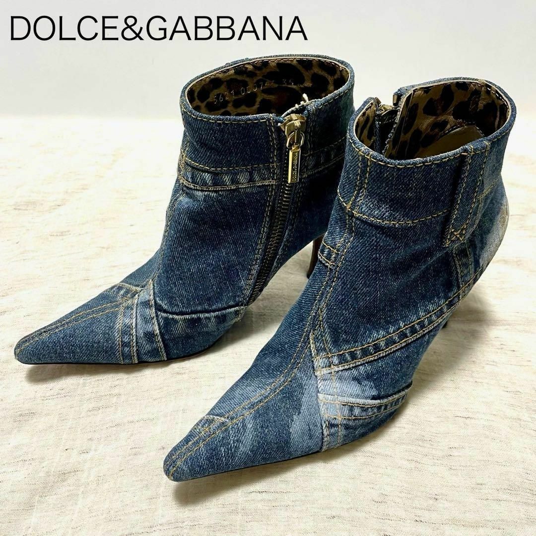 DOLCE&GABBANA(ドルチェアンドガッバーナ)の【ドルチェ＆ガッバーナ】ショートブーツ ピンヒール デニム レオパード 35 レディースの靴/シューズ(ブーツ)の商品写真