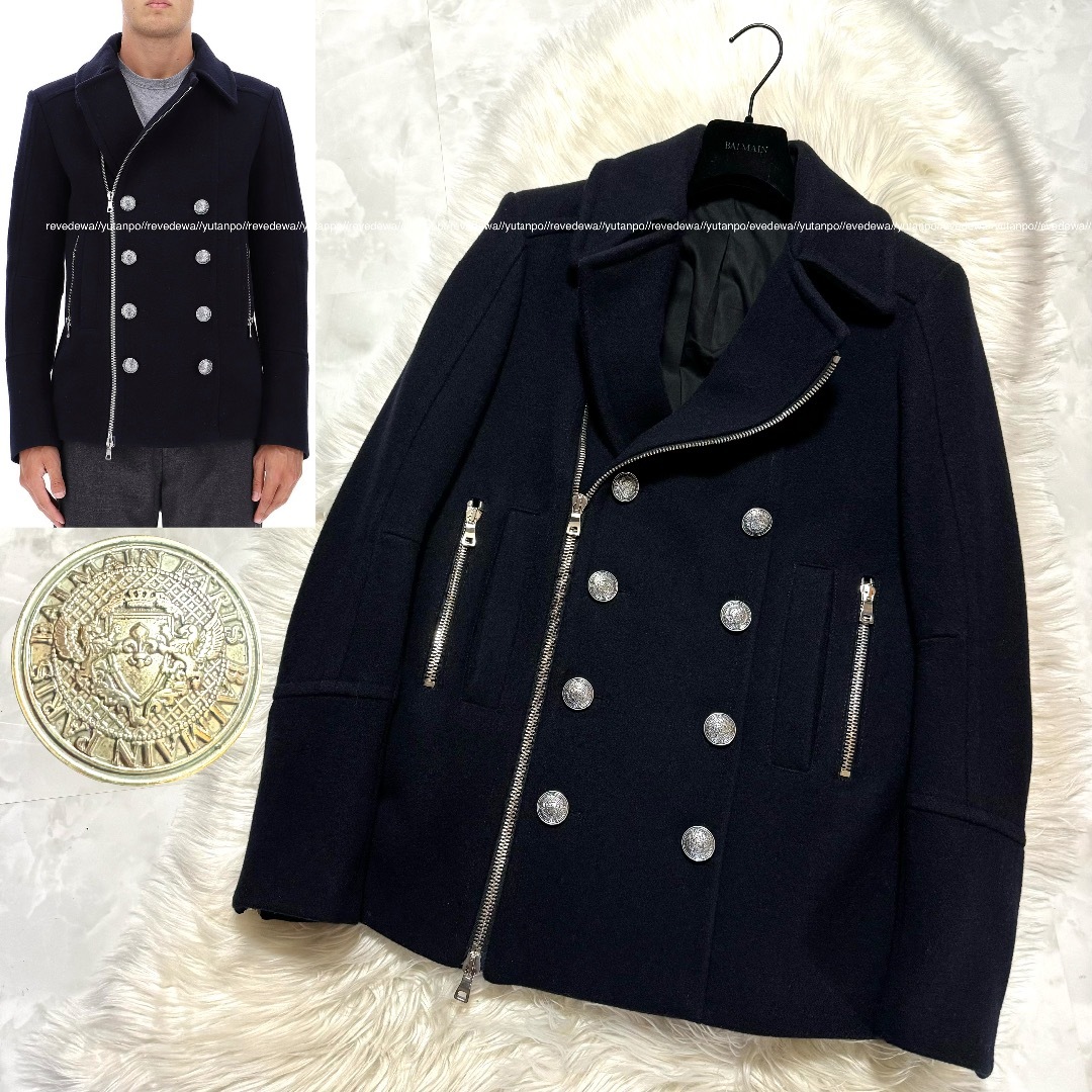 BALMAIN(バルマン)の本物 美品 バルマンオム エンブレムボタン ピーコート ジャケット 46 黒  メンズのジャケット/アウター(ピーコート)の商品写真