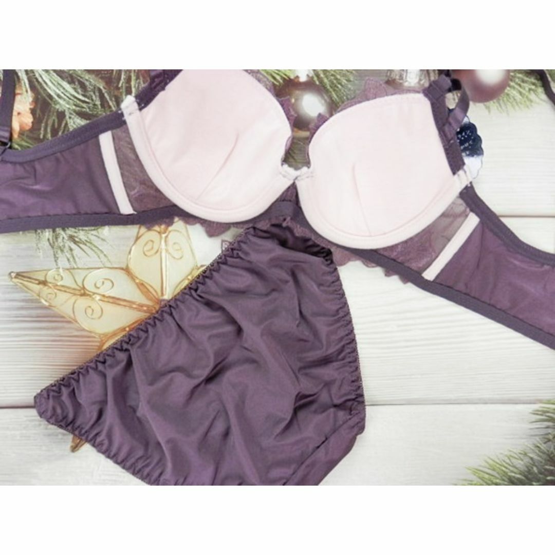 c011 A70/M 脇高ブラ＆ショーツセット 下着 紫系 リーフ刺繍 レディースの下着/アンダーウェア(ブラ&ショーツセット)の商品写真