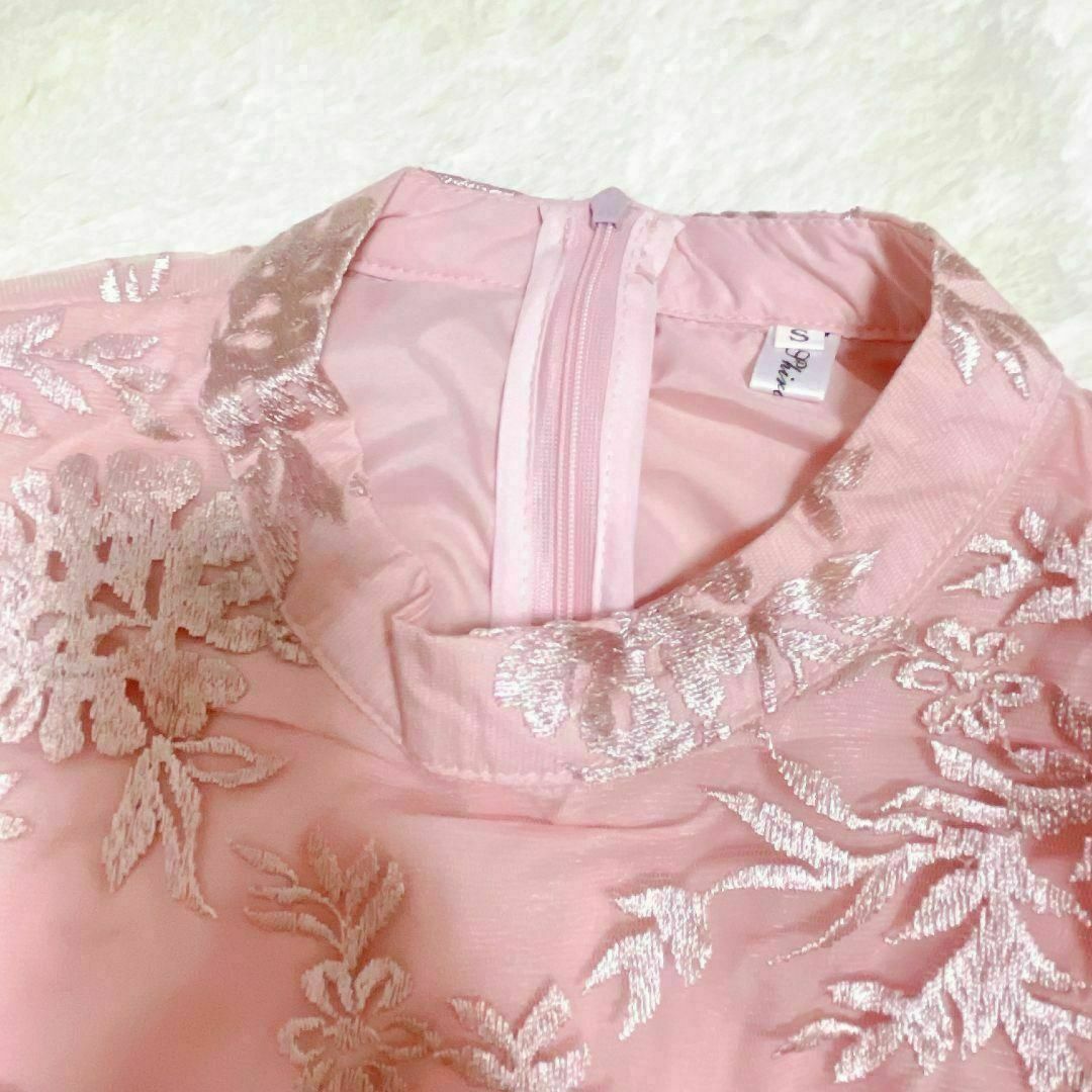 ワンピース 花柄 ピンク Ｌ ロング 刺繍 レース 長袖 Aライン シースルー レディースのワンピース(ひざ丈ワンピース)の商品写真