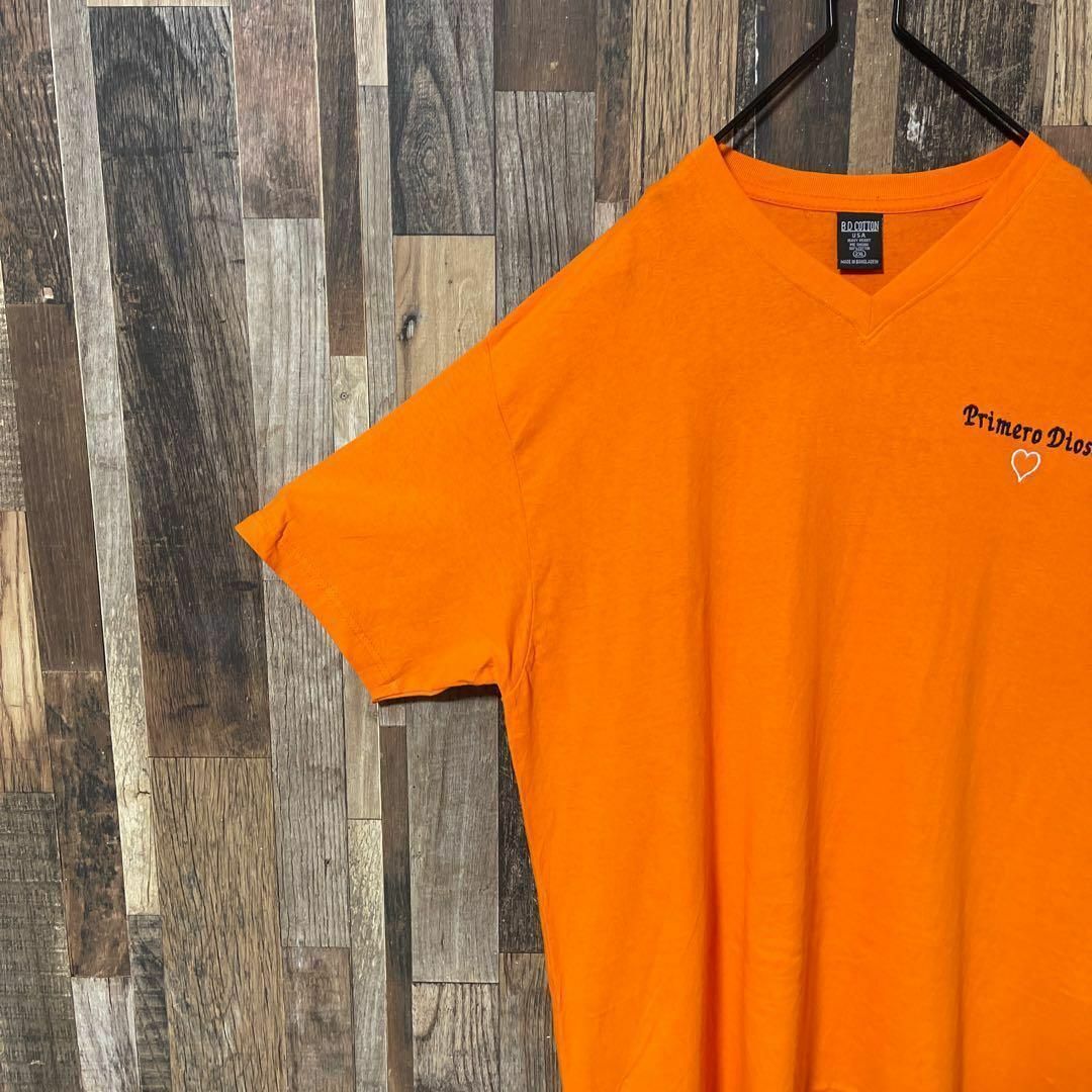 Ｖネック オレンジ 2XL メンズ 刺繍 USA古着 90s 半袖 Tシャツ メンズのトップス(Tシャツ/カットソー(半袖/袖なし))の商品写真